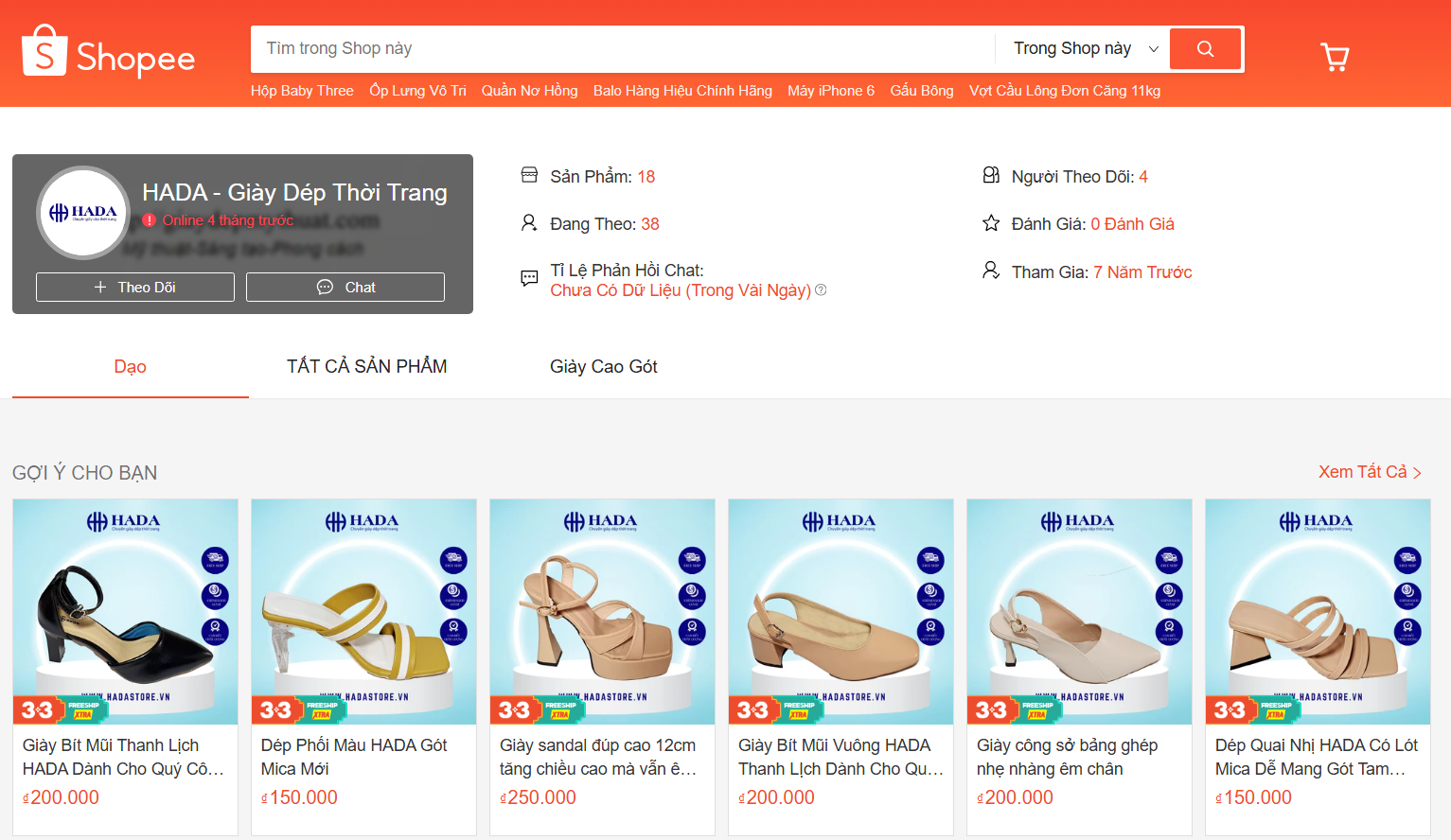 Giao diện một shop giày dép có lượt tương tác cao trên Shopee